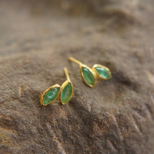 solid 24k gold//marquise emerald Studs// emerald Earrings//gold stud earrings//24k gold earrings//green emerald gold studs//hand made studs image 5