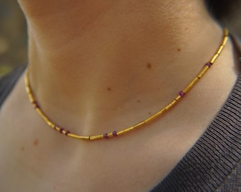 24k gold beads and ruby necklace//24k handmade beads necklace//gold artisan chain//24k gold ruby chain necklace//24k artisan gold necklace