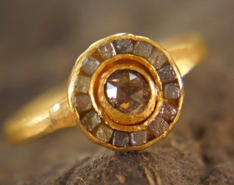 24k solid gold//cubic rough diamond ring//gold engagement ring//gold artisan engagement ring//24k gold earrings//cubic diamonds ring