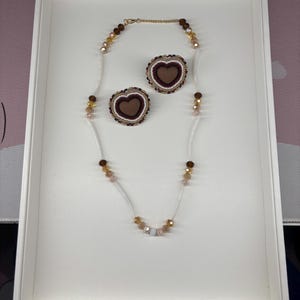 Dentalium Shell Jewelry Set –Brown & Gold Heart Necklace Set, Handmade Beaded Jewelry, Crystal Heart Pendant, Neutral Tone Statement Necklac