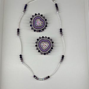 Dentalium Shell Jewelry Set & Earrings Set, Heart Crystal Pendant, Handmade Statement Jewelry, Lavender Purple Necklace, Romantic Gift Ready