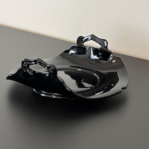 Vintage Art Deco Black Dish with Folded Rolled Edge Handles - L.E. Smith Black Amethyst Bonbon Glass 1930&#39;s