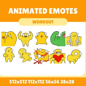 May include: Animated emotes with a workout theme. The image features a collection of yellow cartoon characters in various poses, including flexing muscles, running, and showing a heart. The text "ANIMATED EMOTES WORKOUT" is at the top.