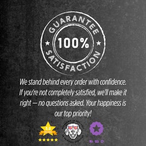 May include: A white circular graphic on a dark background, with the words "GUARANTEE 100% SATISFACTION" in a circular design. Below, text reads "We stand behind every order with confidence... Your happiness is our top priority!"