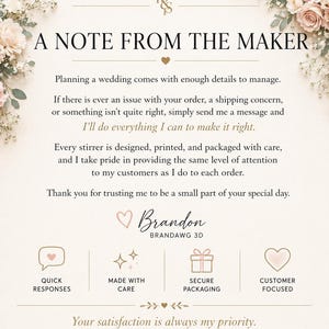 May include: A cream-coloured informational card titled A NOTE FROM THE MAKER with floral accents in the corners. The text outlines customer service policies, includes the name Brandon, and features icons for quick responses, care, and packaging.