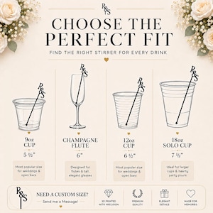 May include: A size guide chart for drink stirrers featuring the text CHOOSE THE PERFECT FIT. It displays four clear cups and glasses with black stirrers labelled R&S, showing sizes 9oz at 5.5 inches, champagne flute at 6 inches, 12oz at 6.5 inches, and 18oz at 7.5 inches.