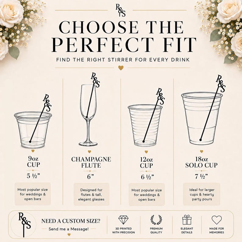 May include: A size guide chart for drink stirrers featuring the text CHOOSE THE PERFECT FIT. It displays four clear cups and glasses with black stirrers labelled R&S, showing sizes 9oz at 5.5 inches, champagne flute at 6 inches, 12oz at 6.5 inches, and 18oz at 7.5 inches.
