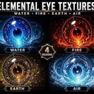 Könnte beinhalten: Eine digitale Grafik mit dem Titel ELEMENTAL EYE TEXTURES, die vier kreisförmige Augendesigns zeigt, welche Wasser, Feuer, Erde und Luft darstellen. Jedes Auge ist von thematischen Elementen wie Wasser, Flammen, Gestein und Wolken umgeben.