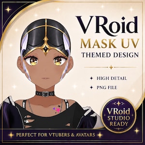 May include: A digital character illustration featuring a VRoid mask UV design. The character has dark skin, golden eyes, and a black headpiece with gold accents. Text includes VRoid MASK UV THEMED DESIGN, HIGH DETAIL, PNG FILE, and VRoid STUDIO READY.