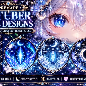 May include: A digital graphic featuring three circular V-tuber eye designs in shades of blue, white, and purple. The text reads PREMADE V-TUBER EYE DESIGNS, HIGH DETAIL, STUNNING, READY TO USE, and includes icons of diamonds, stars, hearts, and moons.