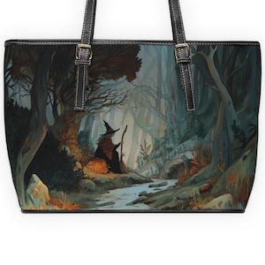 Forest Crone Shoulder Bag, Spooky Witch Forest Halloween Bag, Art Print Faux Leather purse, Trick or Treat Purse, Witchy Gothic Gift