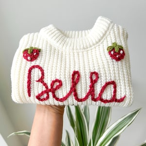 Strawberry personalised Name sweater for Baby and Toddler hand embroidered jumper