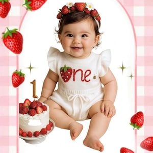 Berry First Birthday Outfit, Strawberry Sweet “One” Romper Hand Embroidered