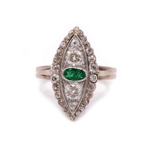 Antique marquise ring - 18K 750 gold, emerald and old-cut diamonds, vintage