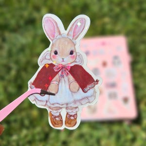 Cute Little Red Riding Bunny Die-Cut Sticker | Hand-Drawn Pastel Fairy Tale Vinyl Decal | Waterproof Glossy for Laptop Water Bottle Journal