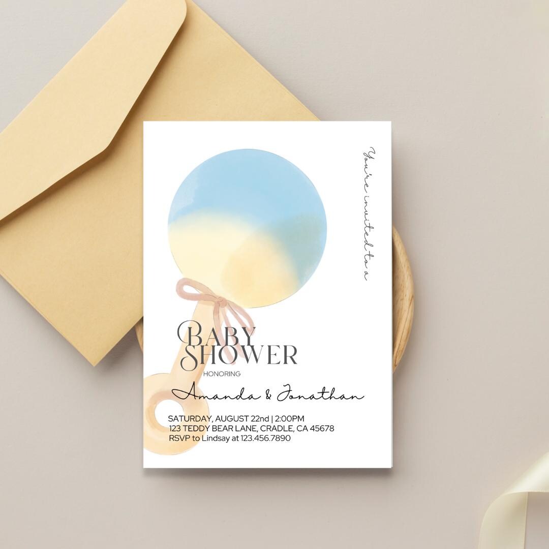 Silver Rattle Invitation Pastel Rattle Baby Shower Invitation | Editable Template (digital ...