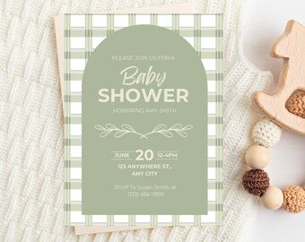 Green Plaid Baby Shower Invitation Template | Gender Neutral Baby Shower Invite | Editable Baby Shower Invite