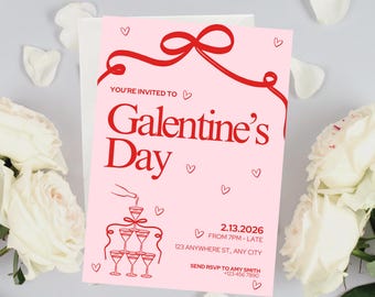 Galentines Day Party Invitation Template | Minimalist Pink and Red Champange Themed Galentine's Invite