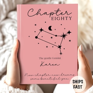 Puede incluir: Una portada de libro rosa con el texto Chapter EIGHTY, un gráfico negro de la constelación de Géminis con una luna creciente y estrellas, el texto The gentle Gemini, el nombre Karen y la frase New chapter, new dreams, same beautiful you.