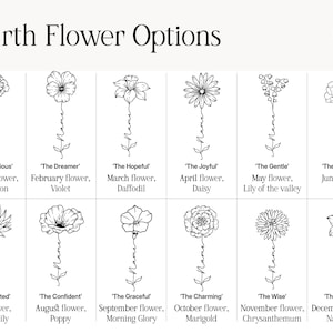 May include: A chart titled Birth Flower Options displaying twelve black and white line art illustrations of flowers, each with a stem featuring the word Name in script. Labels include January Carnation, February Violet, March Daffodil, April Daisy, May Lily of the valley, June Rose, July Water lily, August Poppy, September Morning Glory, October Marigold, November Chrysanthemum, and December Narcissus.