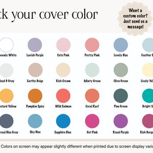 May include: A color chart with 28 color options for a product cover, including shades of white, purple, pink, blue, green, yellow, orange, and burgundy. Text reads "Pick your cover color" and "Want a custom color? Just send us a message!"