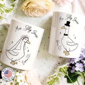 Mr and Mrs Silly Goose wedding mug gift set showcasing the Bride and Groom's mugs. Perfect gift for a wedding, engagement party or a bridal shower. Comes as a single mug, or a gift set for the newlyweds and allows for personalization.