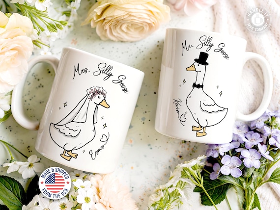 Mr and Mrs Silly Goose wedding mugs Funny engagement gift for couple Future mrs coffee mug Bridal shower gift newlyweds Bride and groom mugs