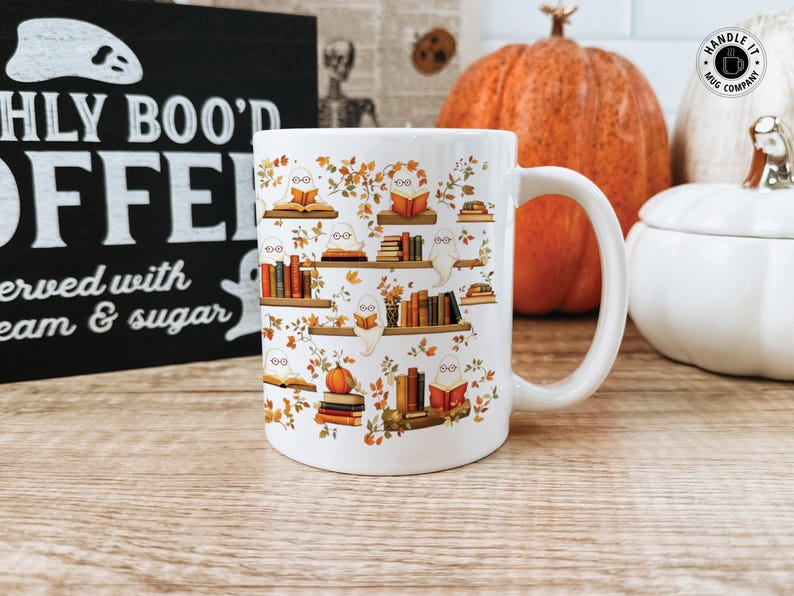 Ghost pattern mug gift with ghosts floating around reading books, or on top of shelves with a Halloween backdrop.