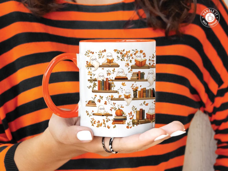 Girls dressed in a Halloween style striped shirt, holding her cute ghosts reading books pattern.