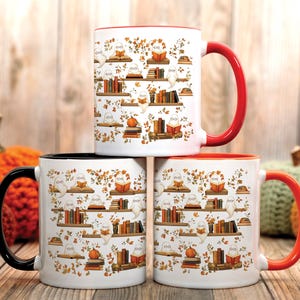 Halloween ceramic mug gift with a cute ghost reading books pattern, showcasing different colors of the mugs.