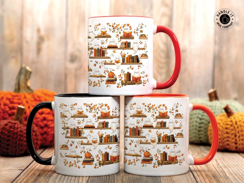 Halloween ceramic mug gift with a cute ghost reading books pattern, showcasing different colors of the mugs.
