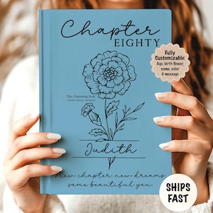 Puede incluir: Una portada de libro azul claro con el texto "Chapter Eighty" y una ilustración floral. El nombre "Judith" está escrito debajo de la flor. El texto adicional incluye "New chapter, new dreams, same beautiful you."