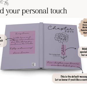 May include: An open lavender-colored book featuring the text Chapter FIFTY, a line-art flower illustration, and a personalized name. The left page displays a handwritten note, while the right page includes the text The Loving Soul and New chapter, new dreams, same beautiful you.