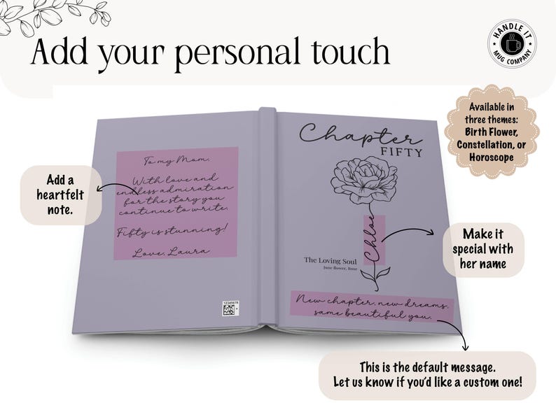 May include: An open lavender-colored book featuring the text Chapter FIFTY, a line-art flower illustration, and a personalized name. The left page displays a handwritten note, while the right page includes the text The Loving Soul and New chapter, new dreams, same beautiful you.