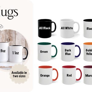 Image of HandleIt Etsy shop mug options, various colors, 11oz or 15oz variants.