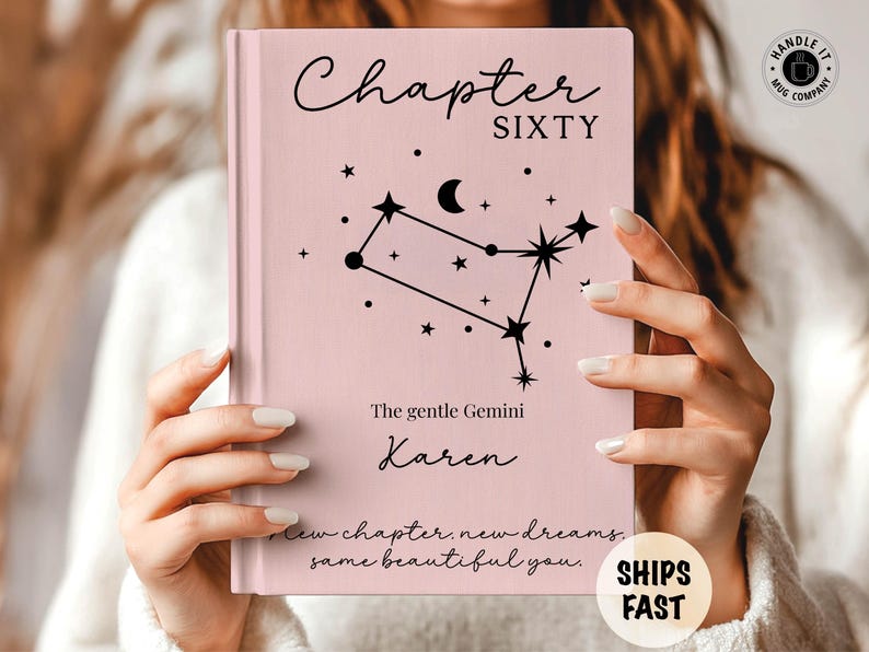 May include: A pink book cover with the words "Chapter SIXTY" in black script. Below, a constellation graphic and the text "The gentle Gemini Karen." The bottom reads "New chapter, new dreams, same beautiful you."