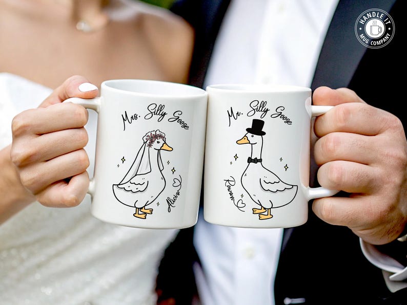 A Bride and Groom holding their Mr and Mrs Silly Goose mugs. Great wedding gift for a friend, son or daughter-in-law. Perfect for bridal showers, engagement parties or a wedding keepsake gift. It comes in 11oz, 15oz and 20oz variants and allows for personalization.