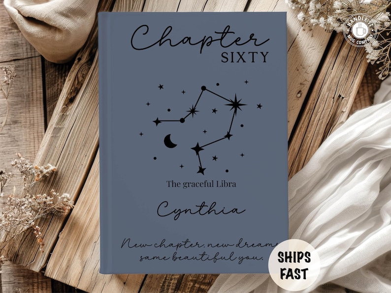May include: A blue book with the text "Chapter SIXTY" and "Cynthia" in black script. A constellation design is featured with the words "The graceful Libra" and "New chapter, new dreams, same beautiful you."