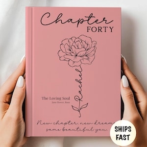 May include: A pink book cover with the words "Chapter Forty" in black script. A black floral illustration and the name "Rachel" are also featured. The text "The Loving Soul" and "New chapter, new dream, same beautiful you" are also present.