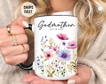 Personalized godmother floral mug Custom name godparent proposal gift Be my Godmother baptism baby announcement Auntie Christmas or birthday