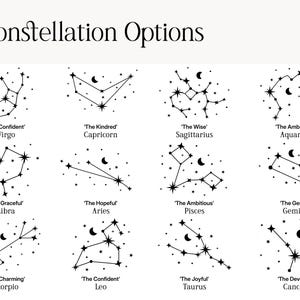 May include: A chart titled Constellation Options featuring twelve black zodiac constellation illustrations. Each design includes stars, a crescent moon, a descriptive label in quotes, and the corresponding zodiac sign name in black text.