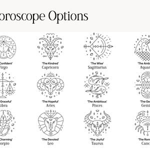 May include: A chart titled Horoscope Options featuring twelve black line art zodiac symbols. Each icon includes a descriptive title and the corresponding zodiac sign name, such as Virgo, Capricorn, Sagittarius, Aquarius, Libra, Aries, Pisces, Gemini, Scorpio, Leo, Taurus, and Cancer. A circular logo for Handle It Mug Company is in the top right corner.