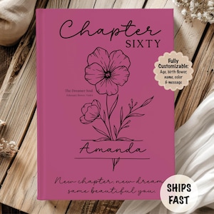 May include: A magenta book cover with the words "Chapter Sixty" and "Amanda" in black script. A floral line drawing is centered on the cover. The text "New chapter, new dream, same beautiful you" is at the bottom.