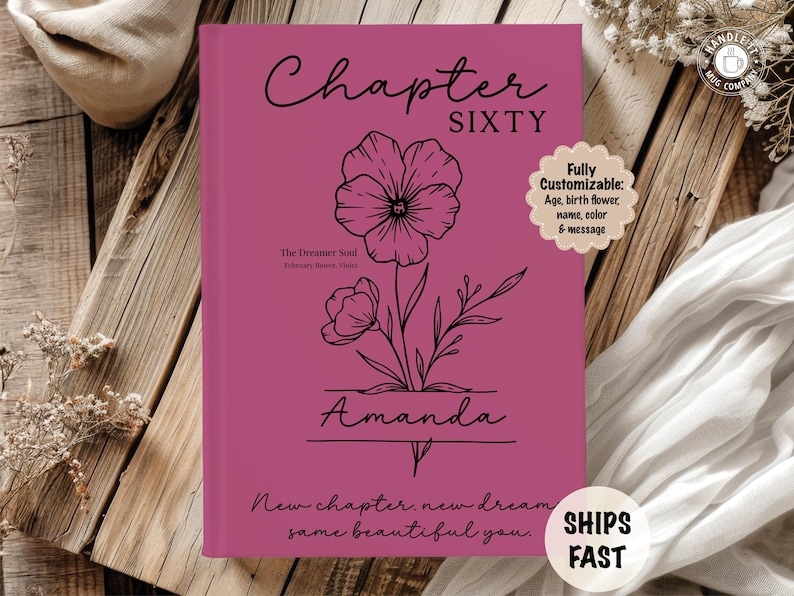 May include: A magenta book cover with the words "Chapter Sixty" and "Amanda" in black script. A floral line drawing is centered on the cover. The text "New chapter, new dream, same beautiful you" is at the bottom.