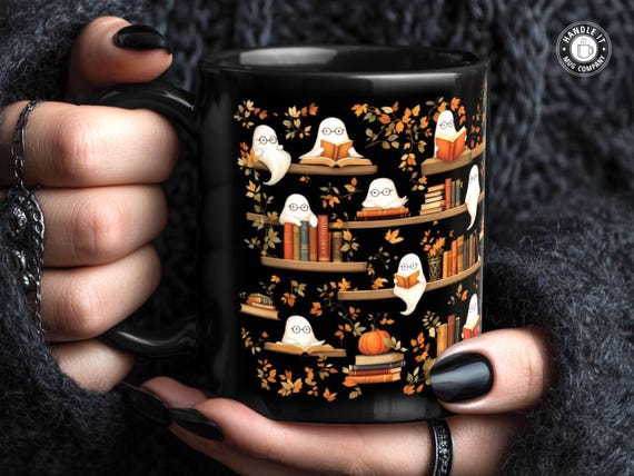 Cute ghosts coffee mug Festive Halloween theme Fall mug Spooky goth ghosts coffee mug Halloween gift for book lovers Cute book lover teacups