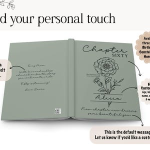 May include: Open journal with sage green cover, featuring a floral design and the name "Alicia." Text includes "Chapter Sixty," "New chapter, new dreams, same beautiful you," and a personalized message. The journal is customizable with age, birth flower, and cover color.