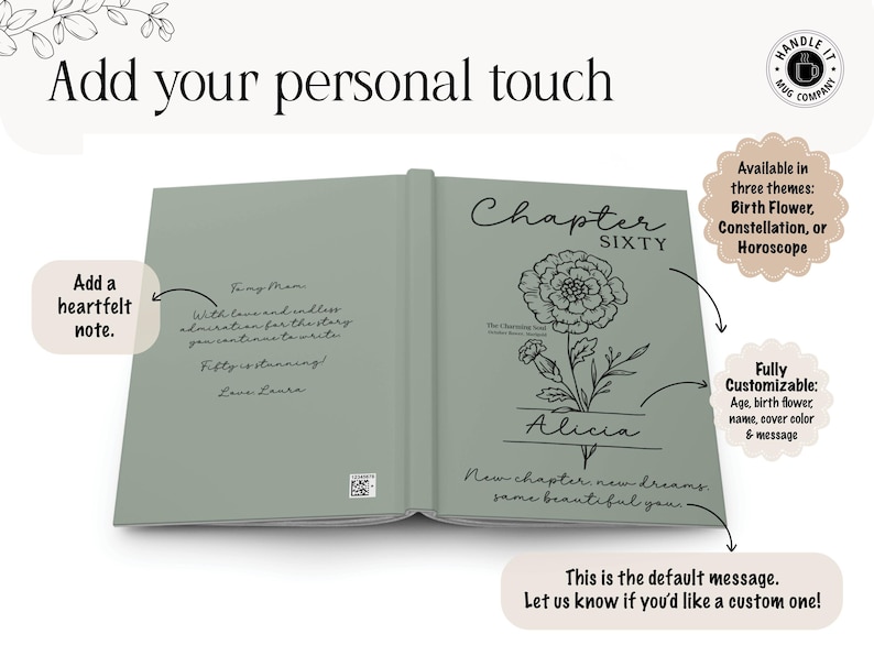 May include: Open journal with sage green cover, featuring a floral design and the name "Alicia." Text includes "Chapter Sixty," "New chapter, new dreams, same beautiful you," and a personalized message. The journal is customizable with age, birth flower, and cover color.