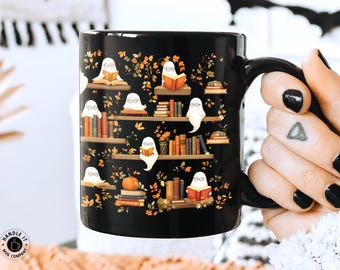 Taza de café con fantasmas góticos femeninos Taza de café con fantasmas lindos Regalos para amantes de los libros Taza espeluznante de Halloween para ella Taza de cerámica festiva de Halloween para chicas