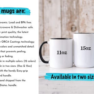 HandleItMugCo mugs information image detailing quality and features, mugs in 11oz and 15oz sizes.