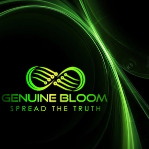 May include: A green and yellow infinity symbol logo with the text "GENUINE BLOOM" and "SPREAD THE TRUTH" below it. The logo is on a black background with green and yellow abstract lines.